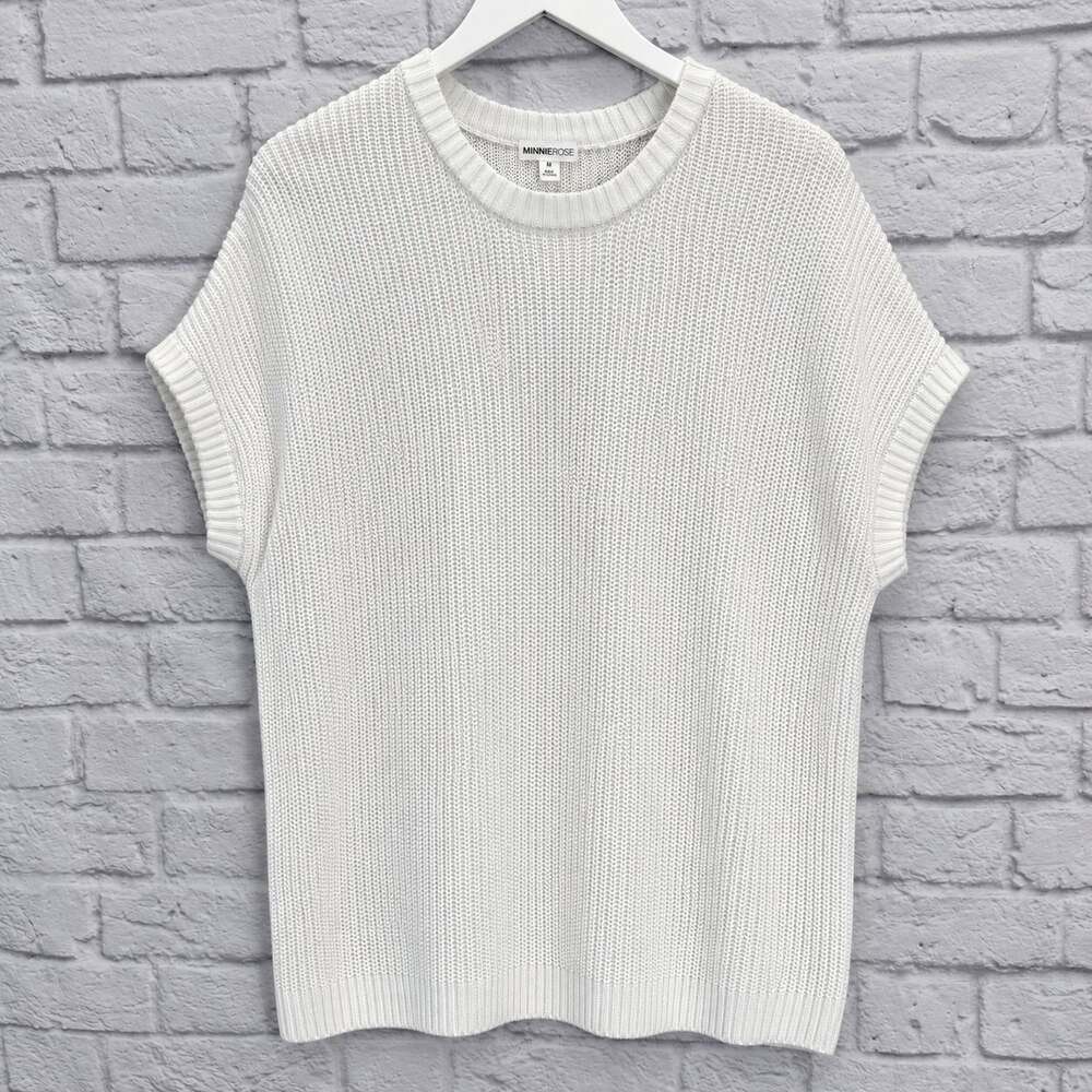 Minnie Rose Short Cap Sleeve Knit Sweater Top White Size M